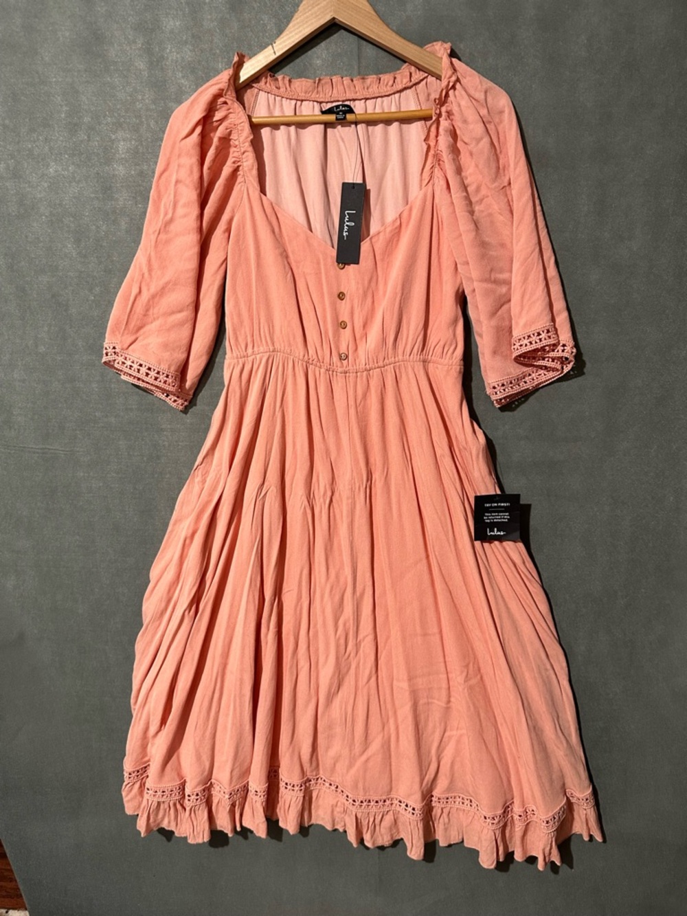 Lulus Wondrous Waterlily Dress in Peach - Boho Crochet Midi - Size M